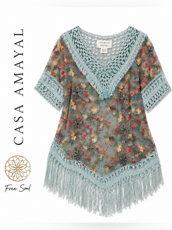Casa Amayal Other - Casa Amayal Sheer Embroidered Crochet Fringe Boho Beach Cover Up OS